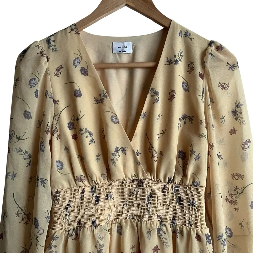 Aritzia Wilfred Wistful Dress XS Yellow Floral Chiffon Smocked Mini - Picture 3 of 10